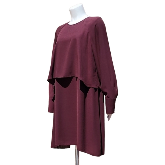 WHO WHAT WEAR WWW Burgundy Chiffon Caplet Dress L Cape Long Sleeve MODEST - Picture 5 of 16